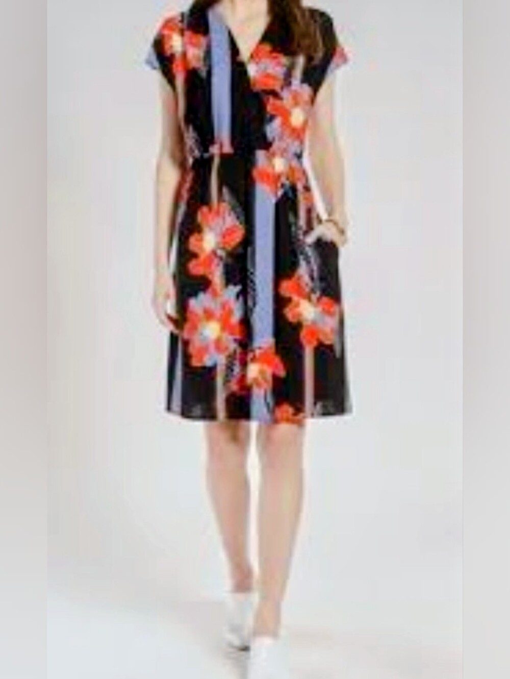 🌼B2G1🌼 Halogen Black Midi Dress with Red Floral & Blue Stripe